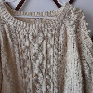 Oversized Cable Knit Pom Pom Sweater in Off White Cream Large